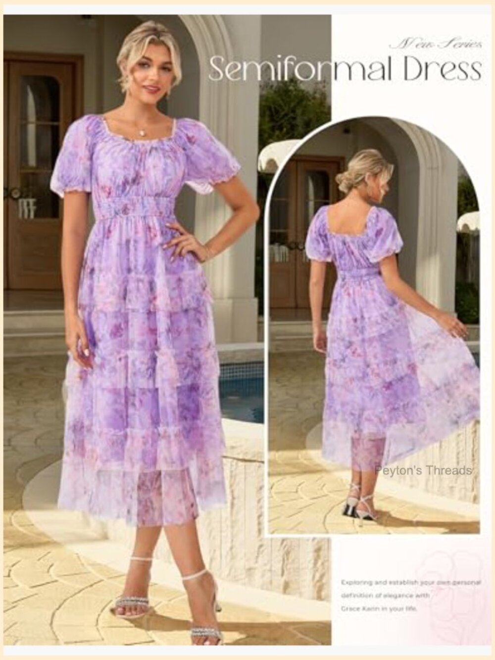 Floral Puff Sleeve Smocked Midi Dress Square Neck Mesh Flowy - Picture 3 of 7